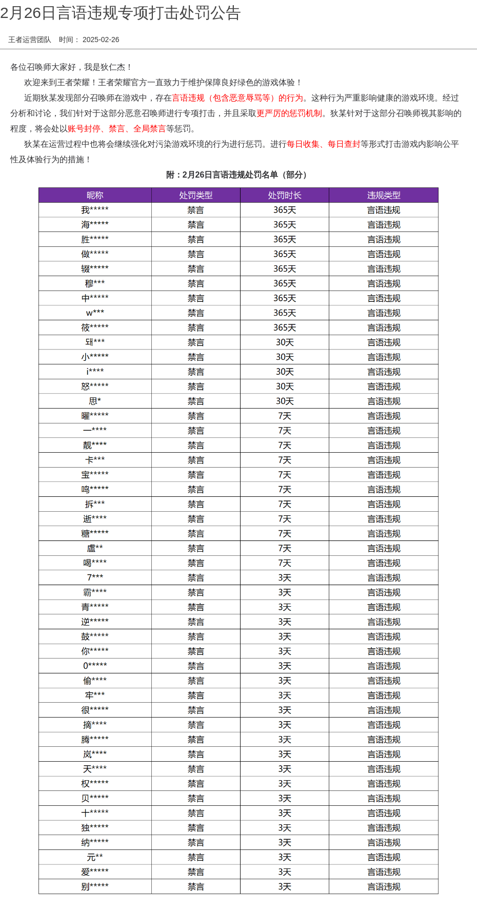 2月26日言语违规专项打击处罚公告