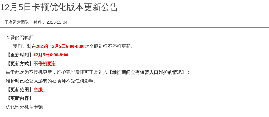 12月5日卡顿优化版本更新公告